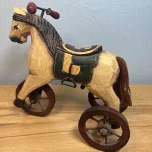 Vtg Wooden Hand Carved Horse Tricycle- Antique Folk Art Children’s Toy Decorum